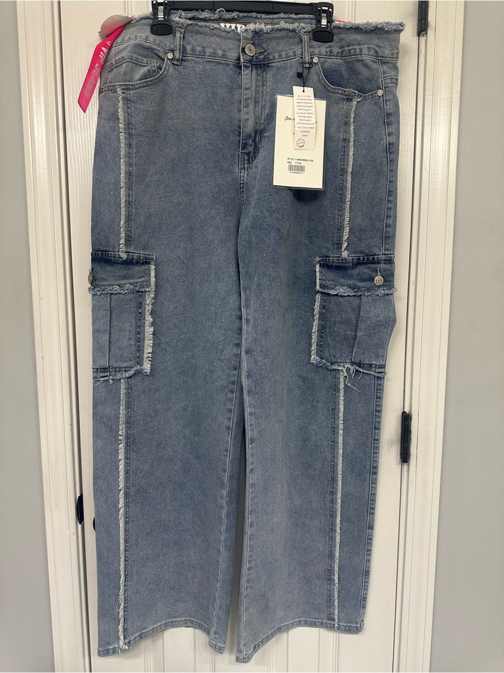 VIP Light Blue Straight-Leg Cargo Jeans with Frayed Trim